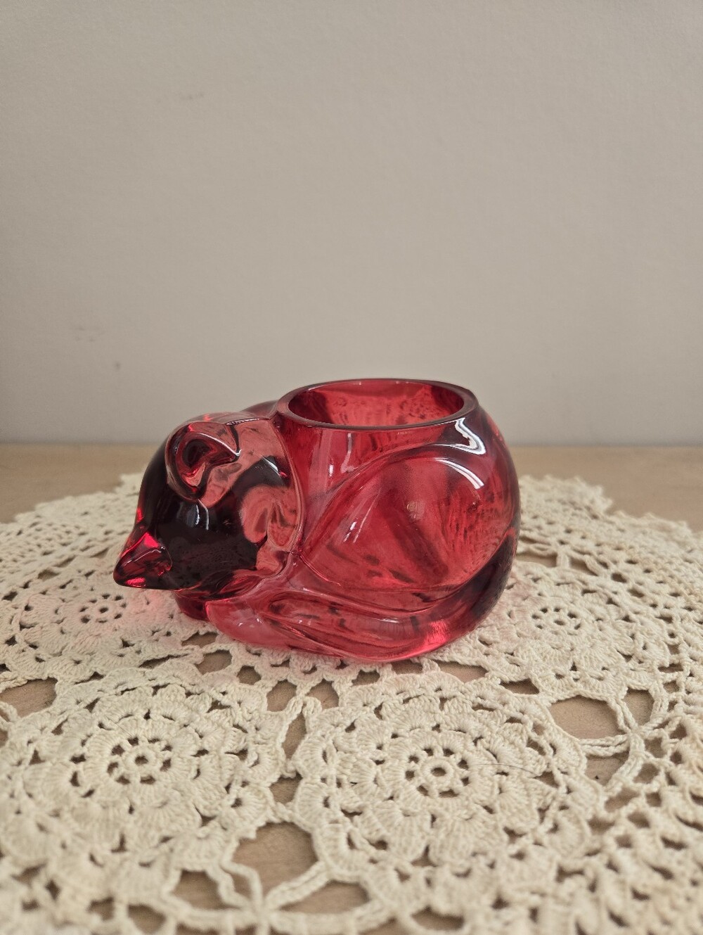 Vintage Indiana Glass Ruby Red Sleeping Cat Votive Candle Holder